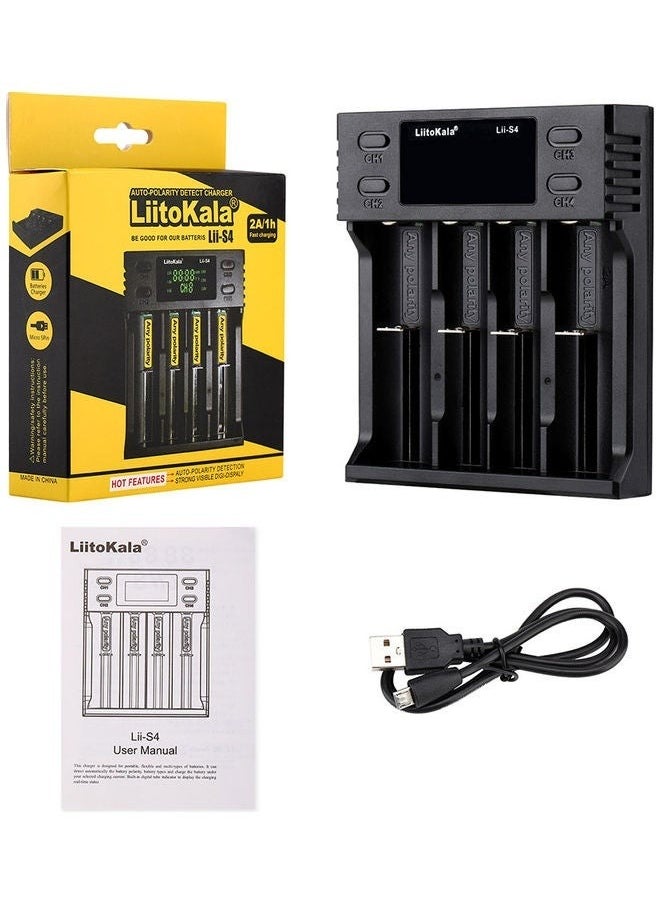 4 Slot Auto-polarity Detector LII-S4 Battery Charger  AAA Lithium NiMH Batteries Black，Display Included Car Power Cords Touch on Fast Charge for Rechargeable Batteries