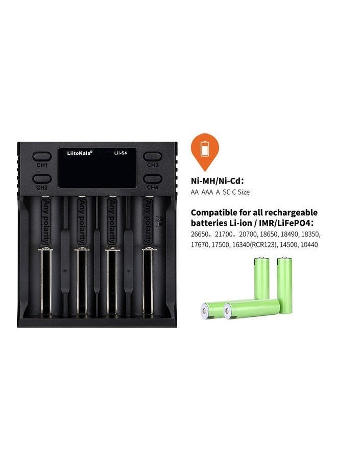 4 Slot Auto-polarity Detector LII-S4 Battery Charger  AAA Lithium NiMH Batteries Black，Display Included Car Power Cords Touch on Fast Charge for Rechargeable Batteries