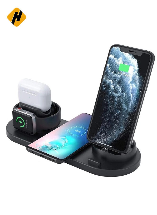 6-in-1 Wireless Charging Stand for iPhone/Android/Type-C with USB Port, Charger Dock Station for Apple Watch/AirPods/Samsung/Huawei/LG/HTC