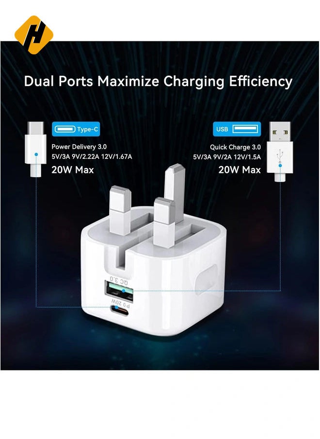 20W USB C Charger Block, 2-Ports [USB-C + USB] Charging Station, QC PD3.0 GaN Fast Charging Block, Type C Power Adapter for iPad Pro/iPhone/Samsung Note/Galaxy (Not with Cable)