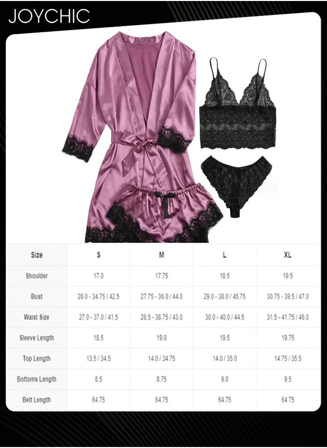 4-piece Romatic Women's Nightwear Sets Silk Satin Nightgown Spring and Summer Breathable Ladies Lace V-neck Pajamas Purple