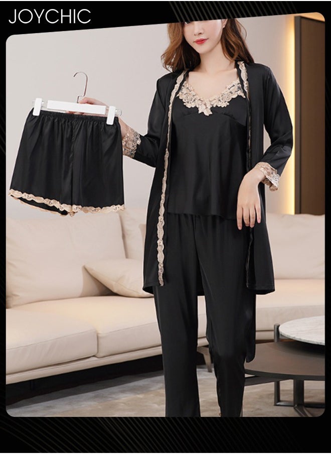 5-piece Spring Summer Autumn Winter Women's Pajamas Ice Silk Thin Nightgown Comfty Woven Belt Design Suspenders Black