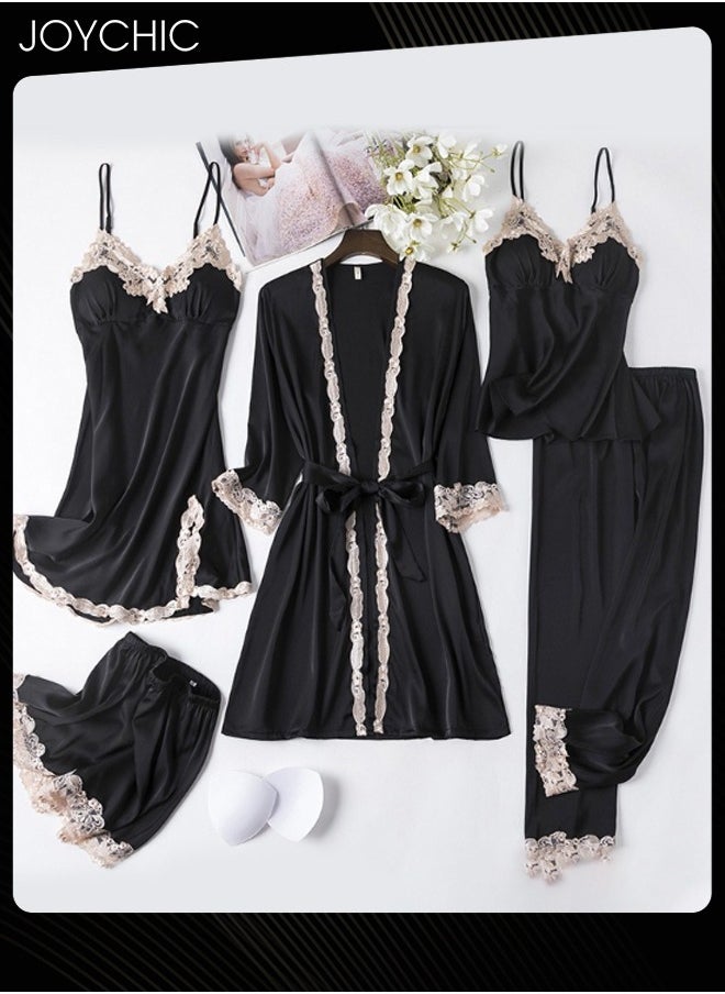 5-piece Spring Summer Autumn Winter Women's Pajamas Ice Silk Thin Nightgown Comfty Woven Belt Design Suspenders Black