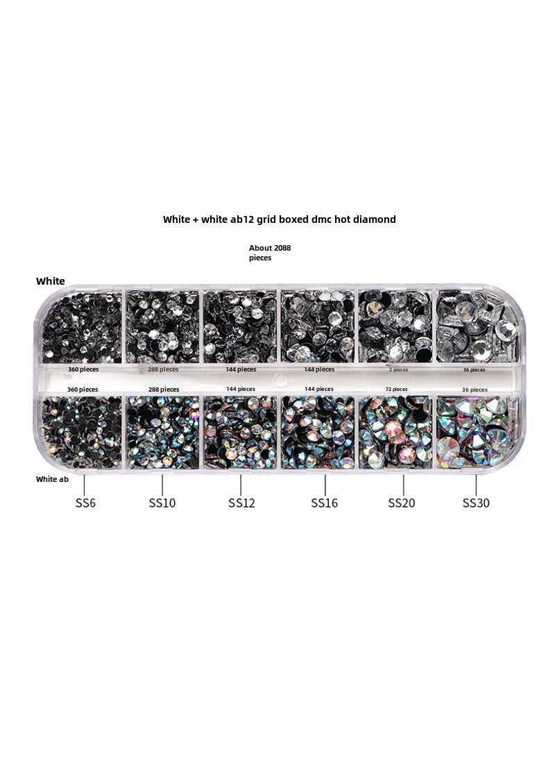 12-Slot Rhinestone Box DMC Hotfix Crystal DIY Jewelry Making Kit White & White AB boxed (about 2088 pieces/box)