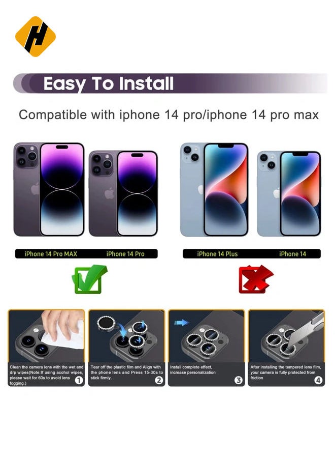 iPhone 14 Pro 6.1 inch /14 Pro Max 6.7 inch Camera Lens Protector, Set with Diamonds Bling Camera Cover Tempered Glass for iPhone 14 Pro Max /14 Pro [Perfectly Fit] - Diamond Black