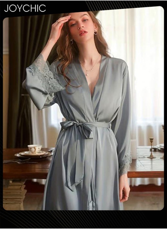 Ladies Silky Satin Embroidery Lace Deep V-neck Backless Sleepwear Solid Color Sweet Suspender Nightdress+Sleep Robe for Women All Seasons One Size Grey