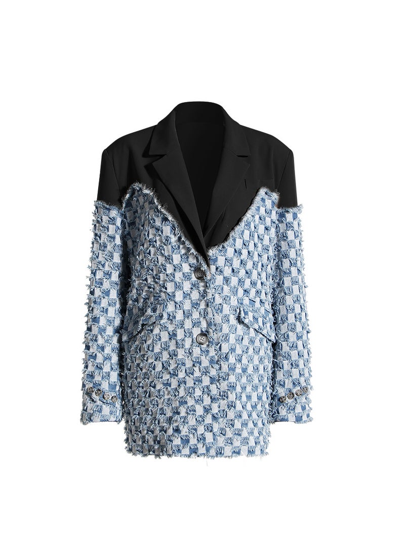 2023 Chic Patchwork Plaid Denim Blazer Women Denim/black