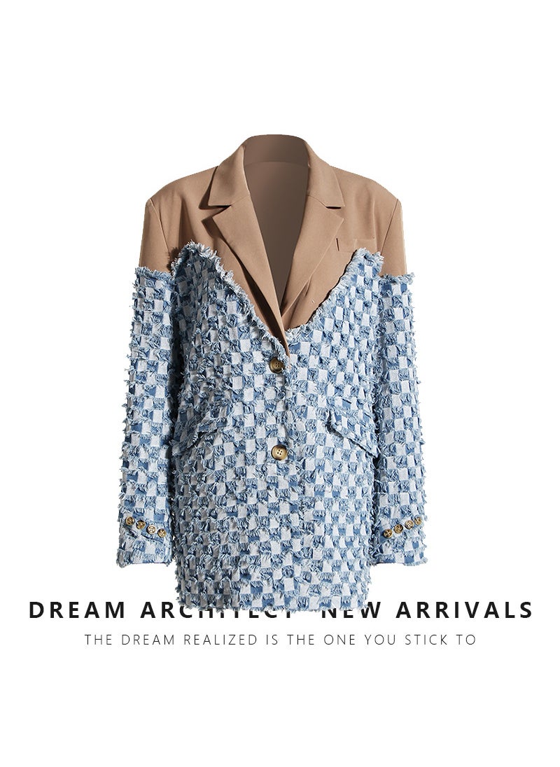 2023 Chic Patchwork Plaid Denim Blazer Women Denim/khaki