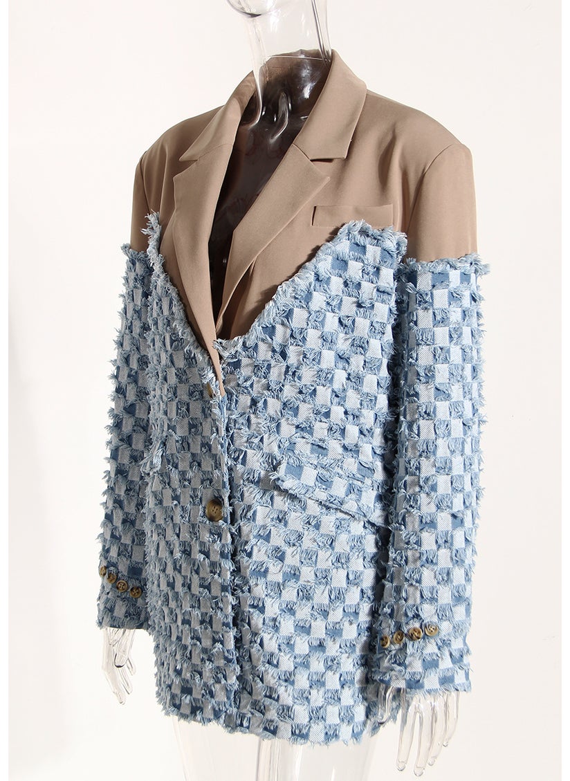 2023 Chic Patchwork Plaid Denim Blazer Women Denim/khaki