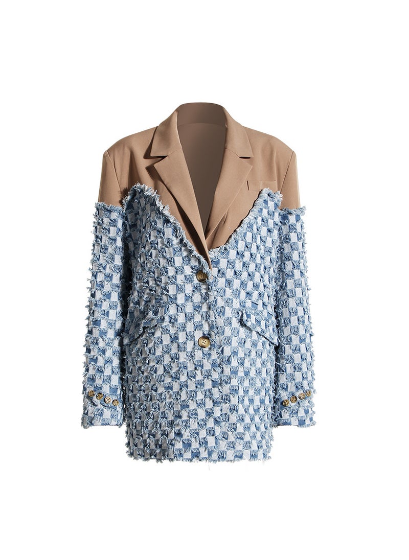 2023 Chic Patchwork Plaid Denim Blazer Women Denim/khaki