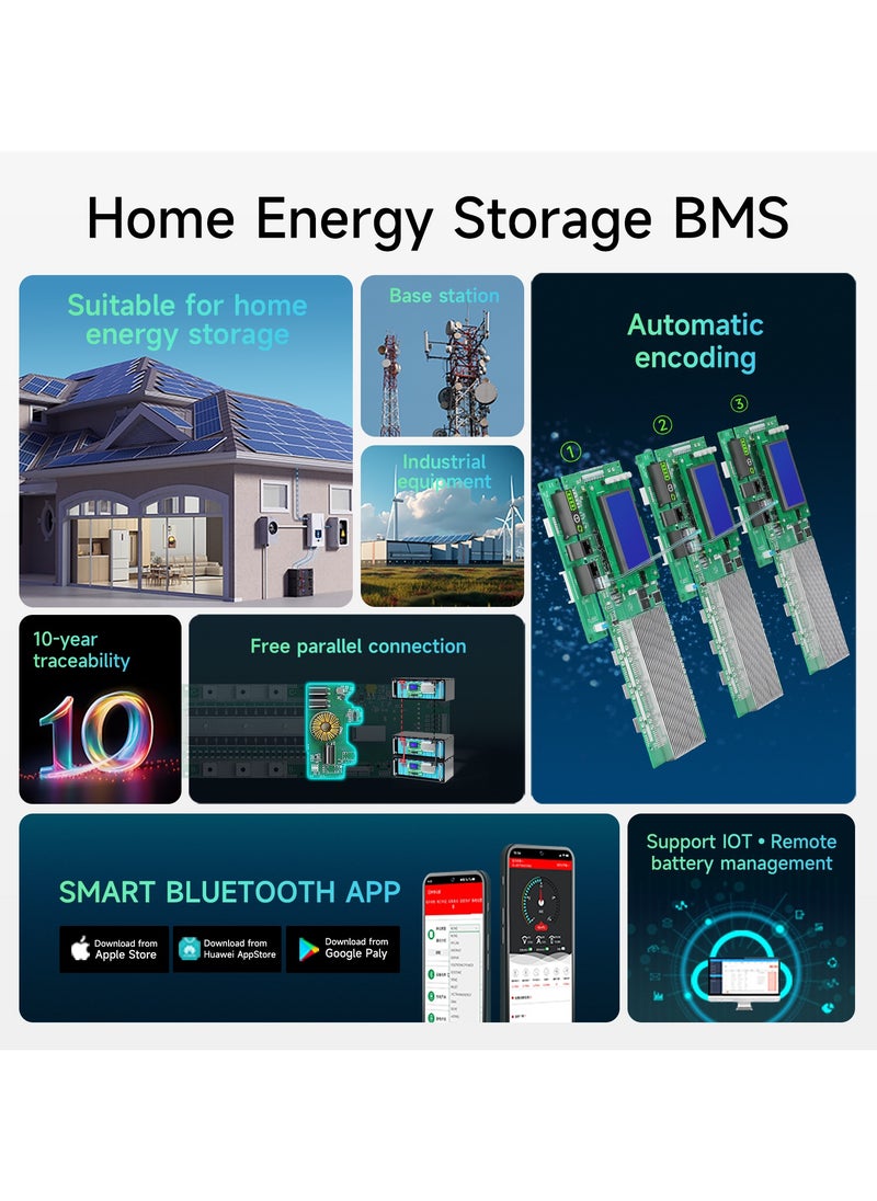 DALY Smart Home Storage BMS 100A 200A 8S 16S UART & CAN/RS485 Protection Board for LFP Lithium Battery Pack(Include 3,2''screen and bluetooth module)