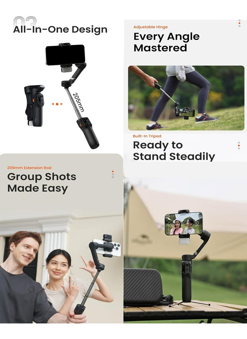 Hohem iSteady X3 3-axis Palm Foldable Smartphone Gimbal with built in extendable selfie rod, detachable remote controller and Ai Tracking (Black)