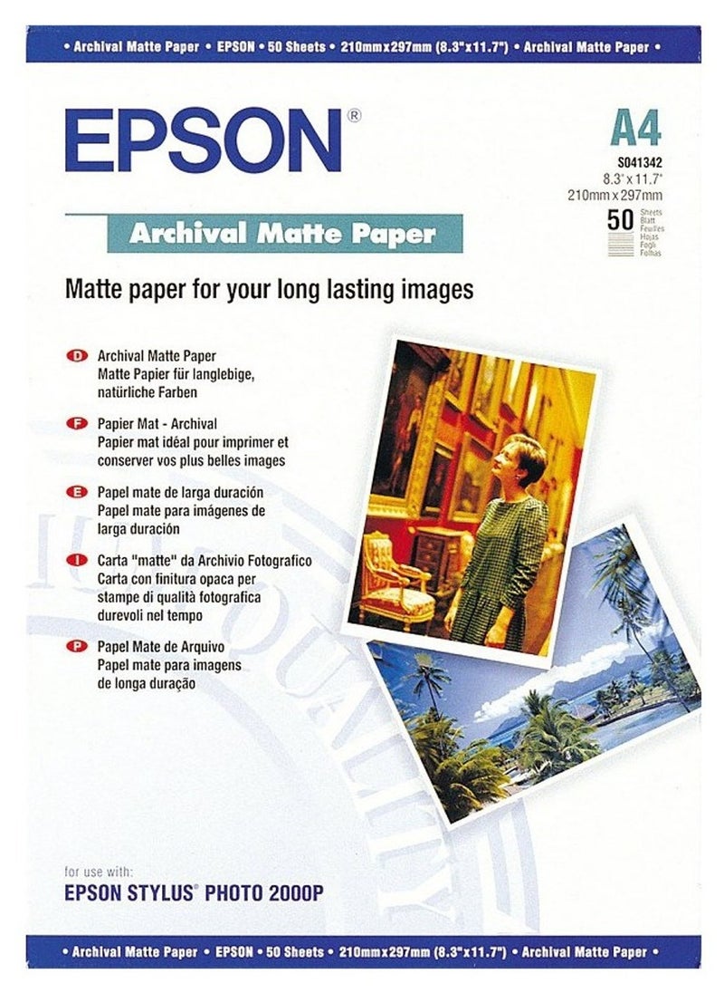 Epson A4 Archival Matte 50 Photo Papers White