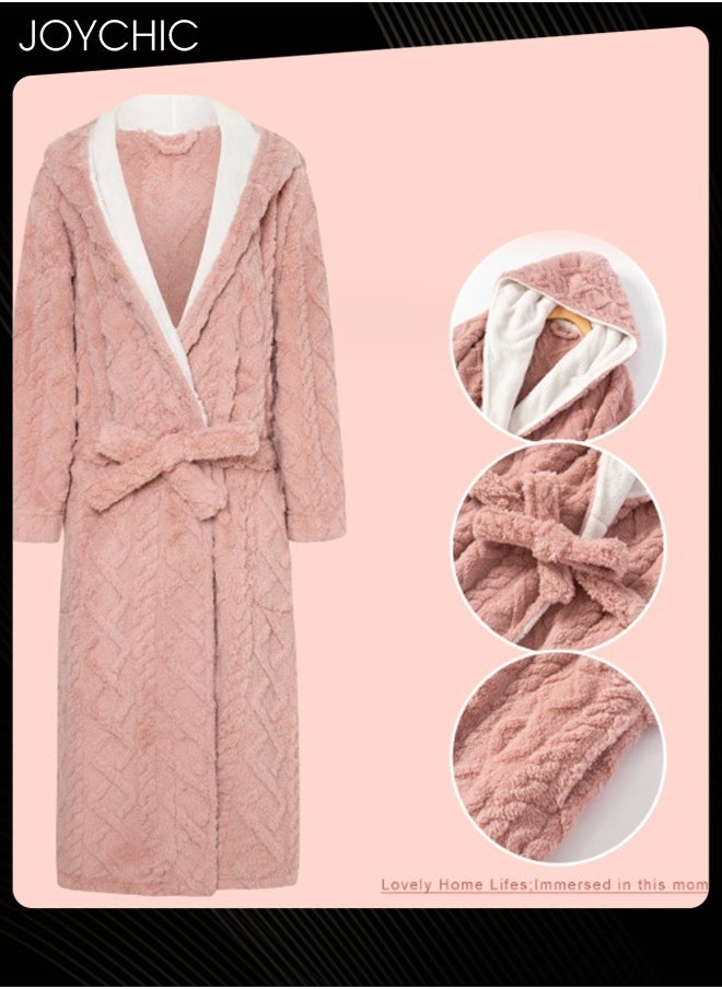 Autumn and Winter Jacquard Coral Velvet Thickened Warm Pajamas for Women Fashion Collar Long-Sleeved Skin-friendly Bedroom Sleep Robe with Pockets Pink