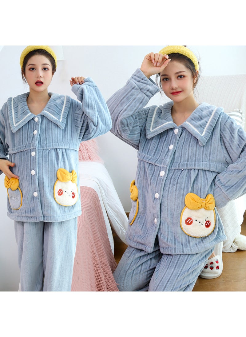 1 x 5 pcs Thickened Coral Fleece Maternity Pajamas Autumn Winter 002 Butterfly Blue Grey