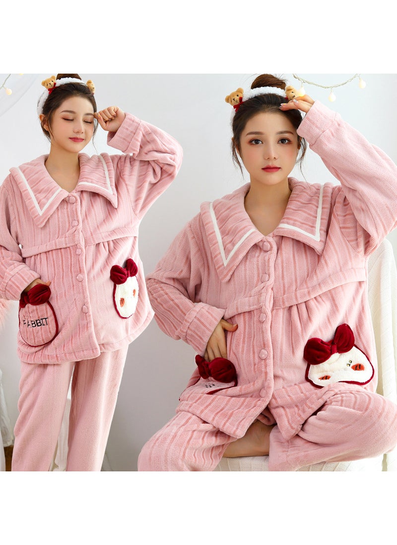 1 x 5 pcs Thickened Coral Fleece Maternity Pajamas Autumn Winter 002 Bow bean paste