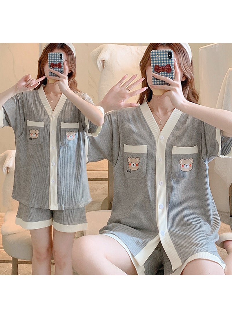 1 x 5 pcs Summer Maternity Thin Cotton Pajama Set 32# cute bear Gray