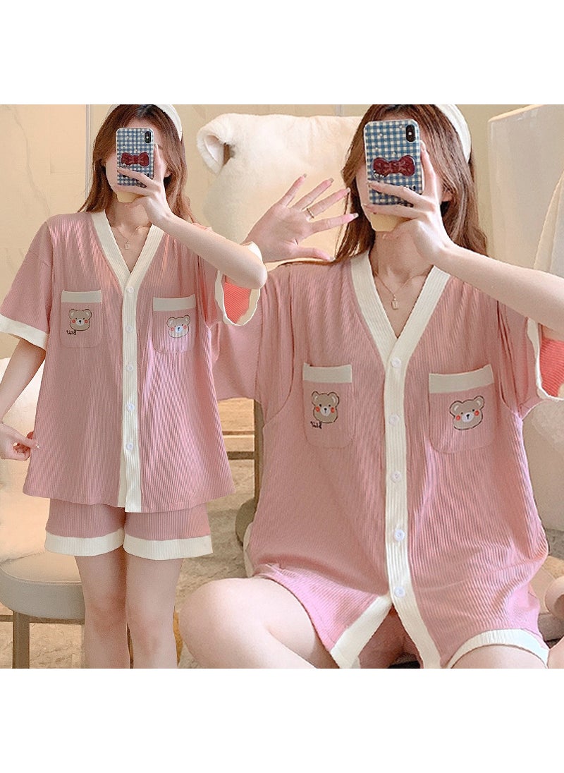 1 x 5 pcs Summer Maternity Thin Cotton Pajama Set 30# cute bear pink