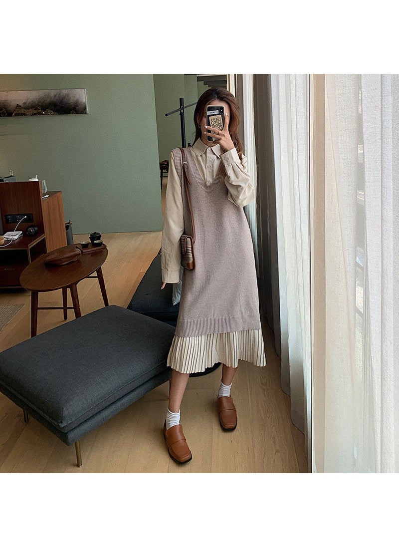 Fashion Knitted Vest Pleated Dress Set for Pregnant Apricot Vest