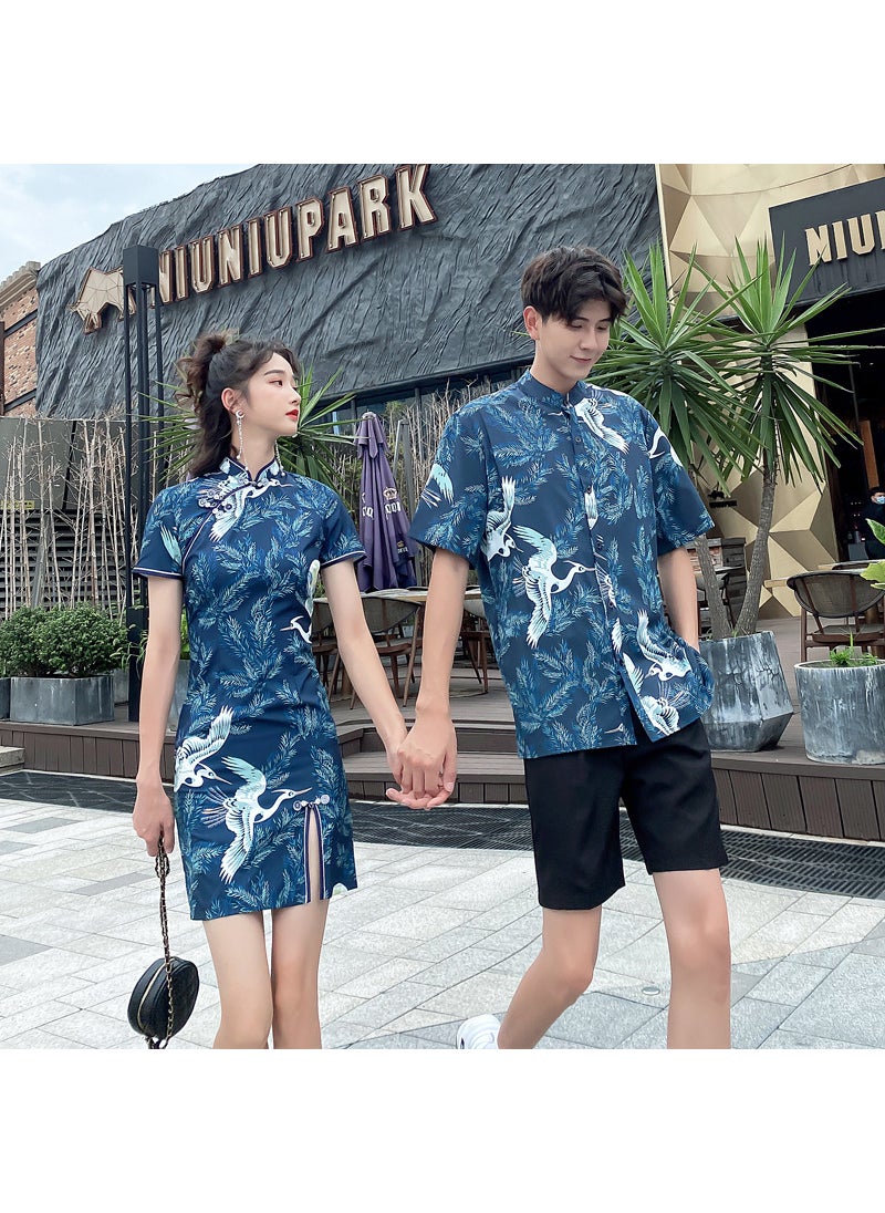 Summer Qipao Couple Set Floral Crane Shirts Dress