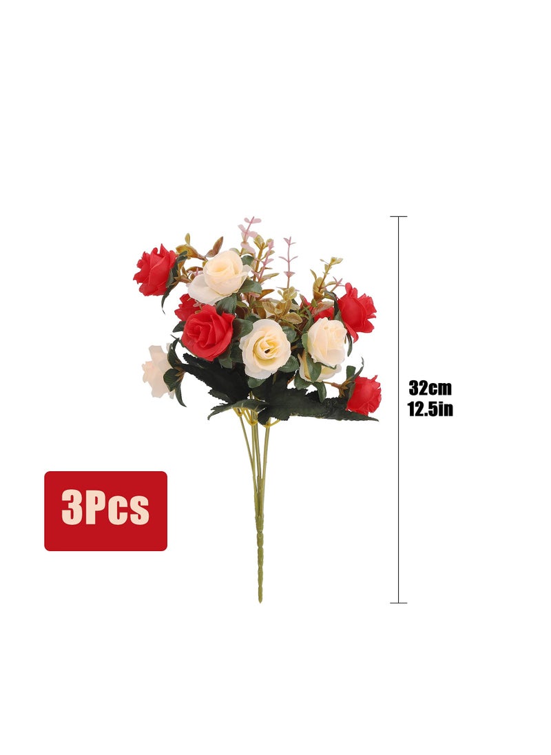 Artificial Flowers Rose, Artificial Flowers Outdoor UV Resistant Plants Faux Plastic Greenery Shrubs Indoor Outside Hanging Planter for Home Wedding Office Table Decoration Gift Red (3 Bundles)