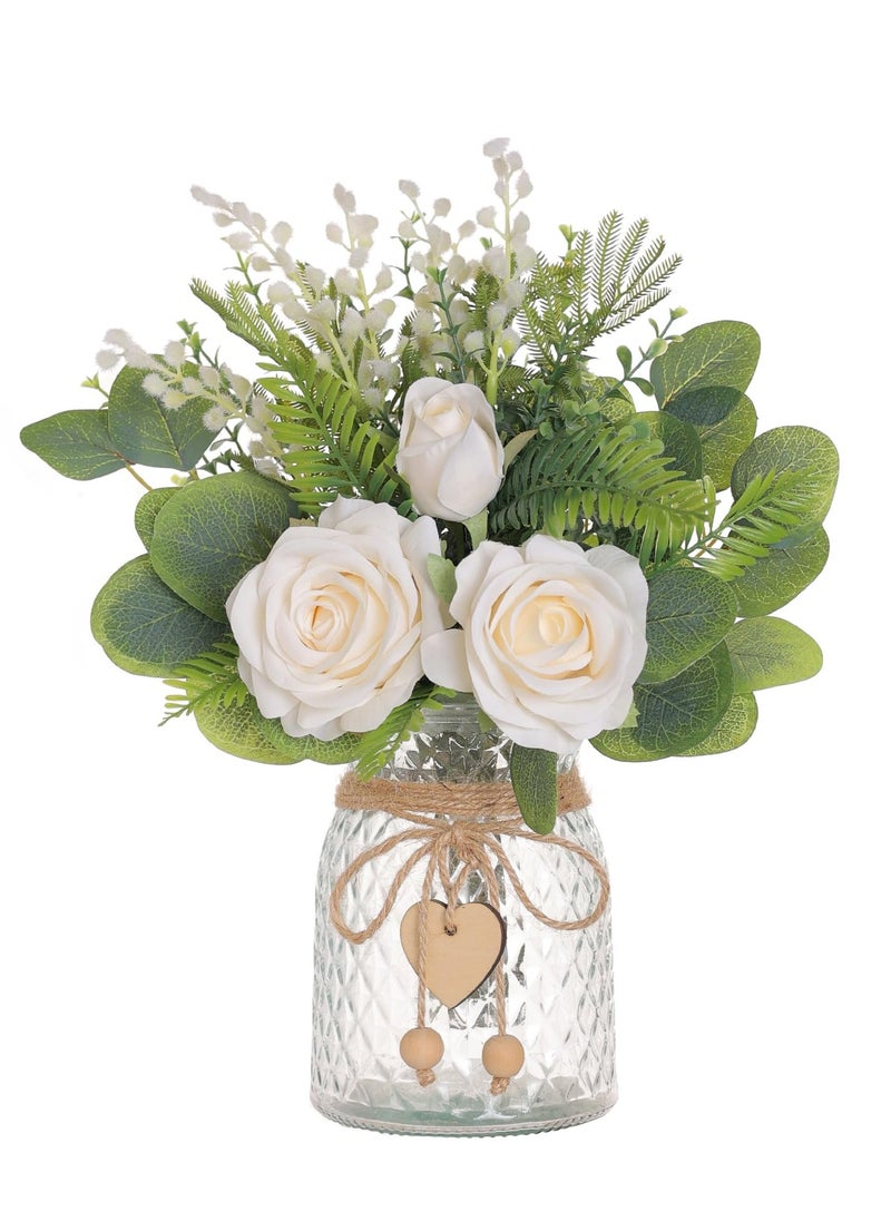 Artificial Eucalyptus u0026 Silk Rose Arrangement in Vase - Elegant Centerpiece for Wedding, Party, Home u0026 Office Decor, Farmhouse-Style Faux Flower Display, Beige