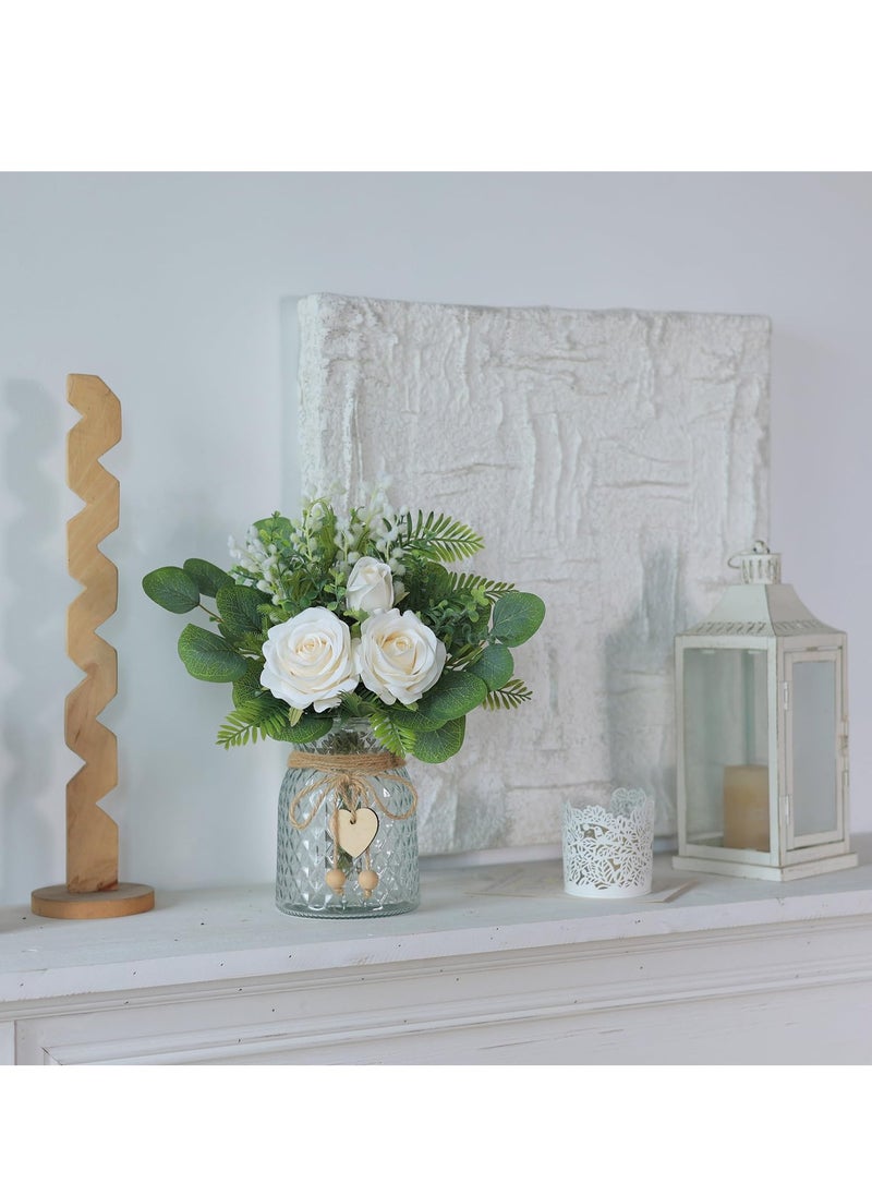 Artificial Eucalyptus u0026 Silk Rose Arrangement in Vase - Elegant Centerpiece for Wedding, Party, Home u0026 Office Decor, Farmhouse-Style Faux Flower Display, Beige