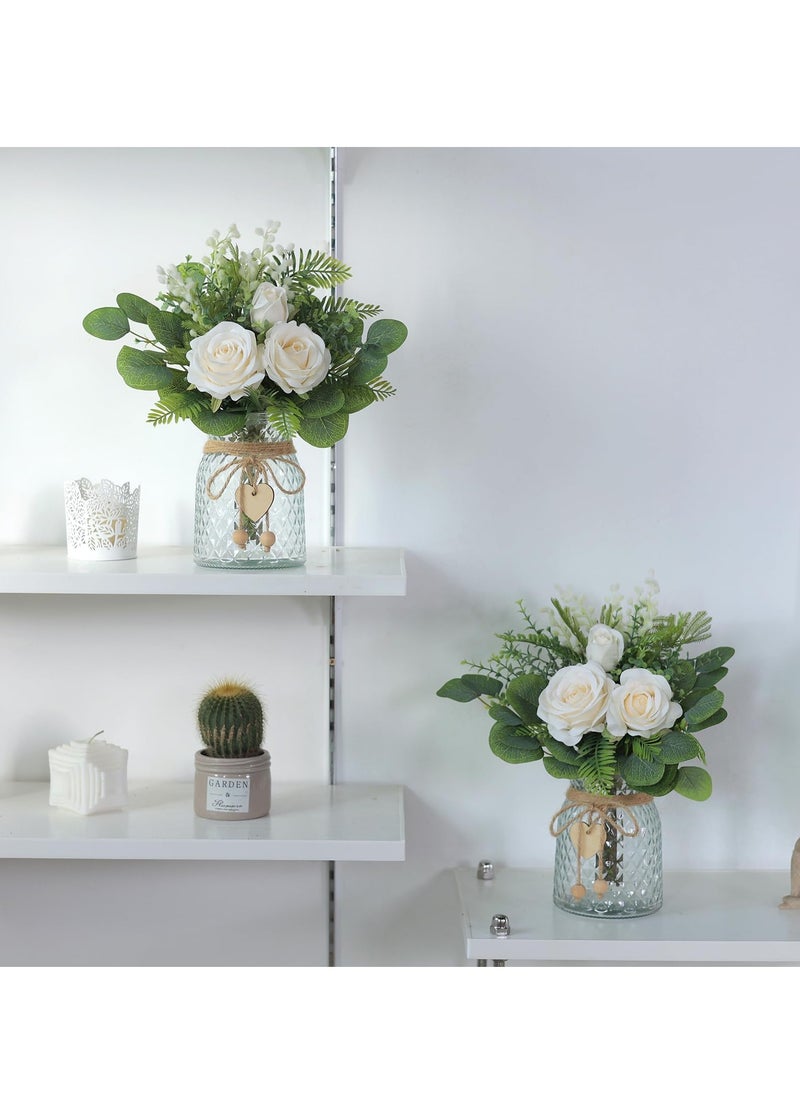 Artificial Eucalyptus u0026 Silk Rose Arrangement in Vase - Elegant Centerpiece for Wedding, Party, Home u0026 Office Decor, Farmhouse-Style Faux Flower Display, Beige