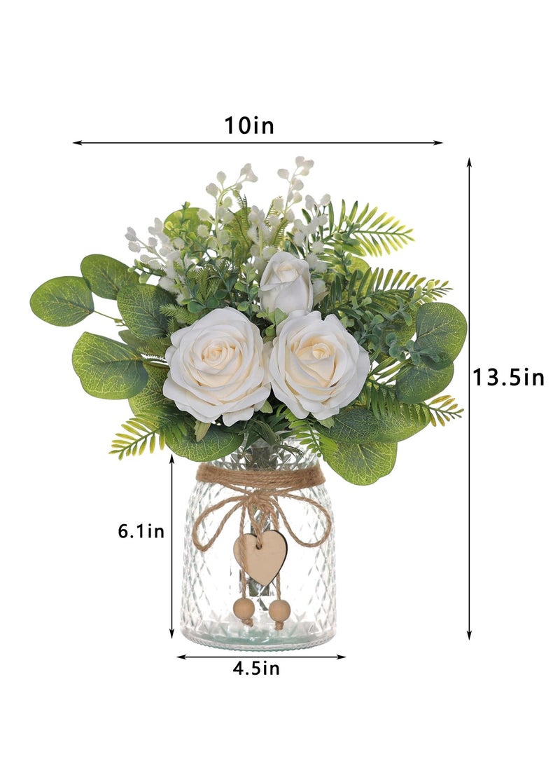 Artificial Eucalyptus u0026 Silk Rose Arrangement in Vase - Elegant Centerpiece for Wedding, Party, Home u0026 Office Decor, Farmhouse-Style Faux Flower Display, Beige