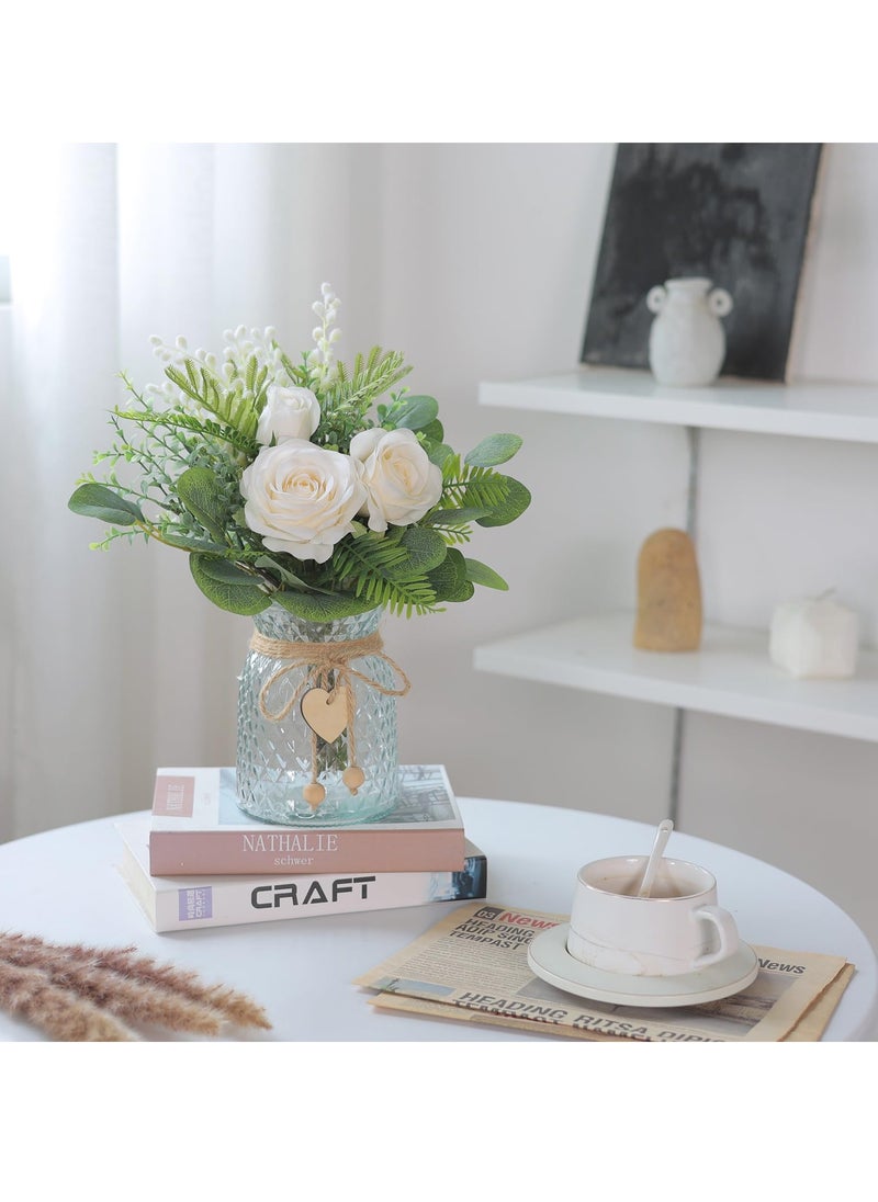 Artificial Eucalyptus u0026 Silk Rose Arrangement in Vase - Elegant Centerpiece for Wedding, Party, Home u0026 Office Decor, Farmhouse-Style Faux Flower Display, Beige