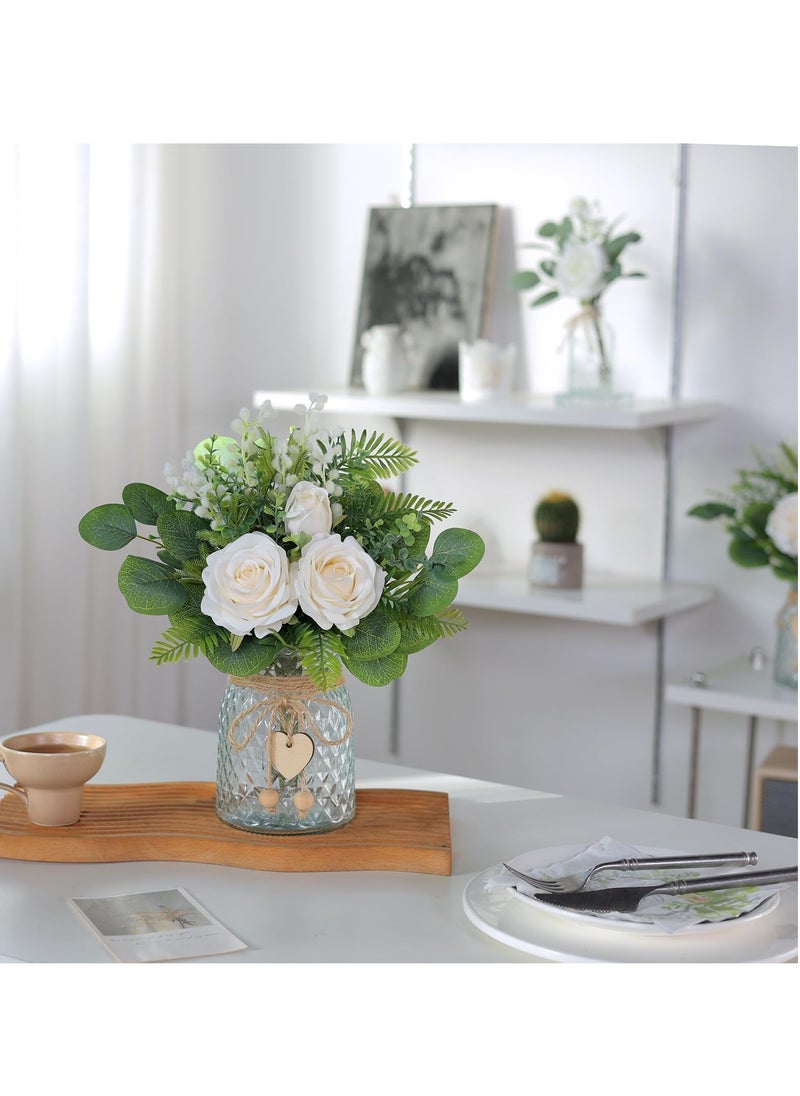 Artificial Eucalyptus u0026 Silk Rose Arrangement in Vase - Elegant Centerpiece for Wedding, Party, Home u0026 Office Decor, Farmhouse-Style Faux Flower Display, Beige