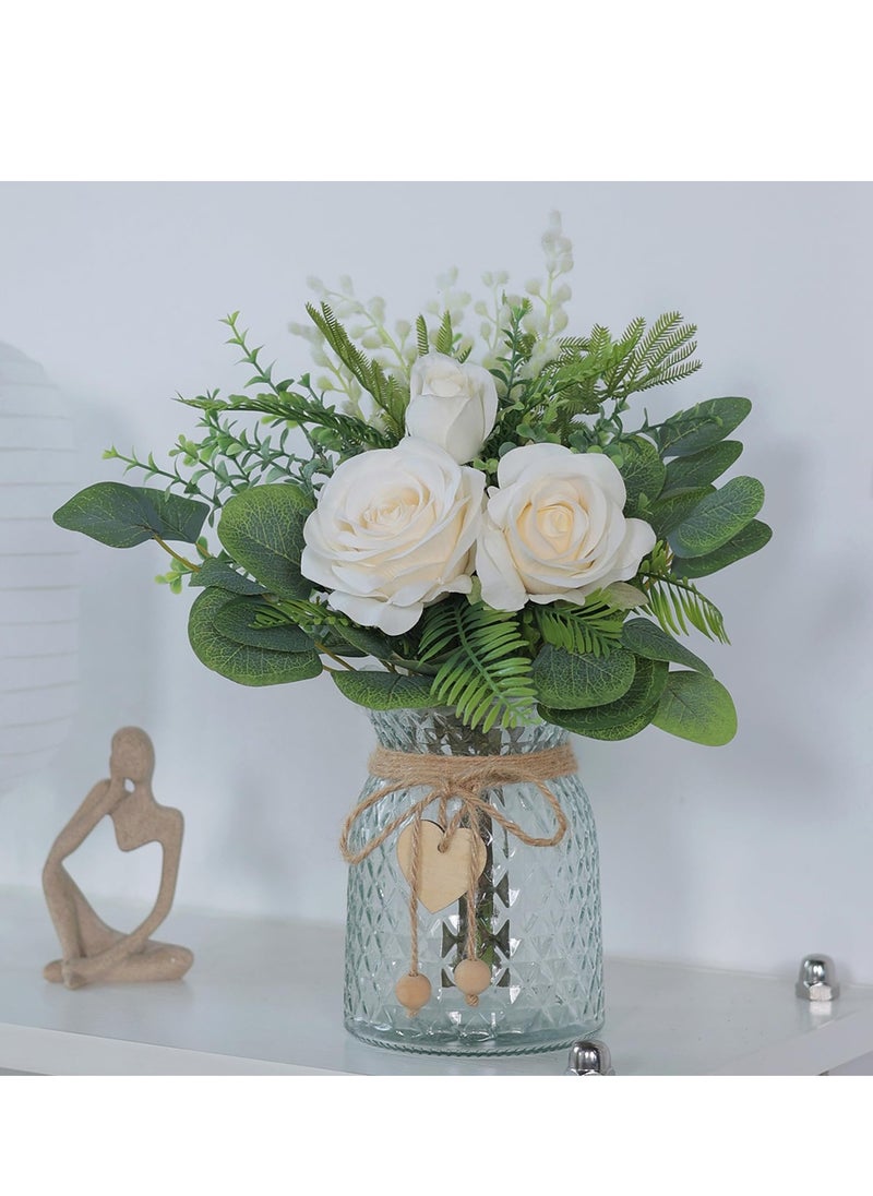 Artificial Eucalyptus u0026 Silk Rose Arrangement in Vase - Elegant Centerpiece for Wedding, Party, Home u0026 Office Decor, Farmhouse-Style Faux Flower Display, Beige