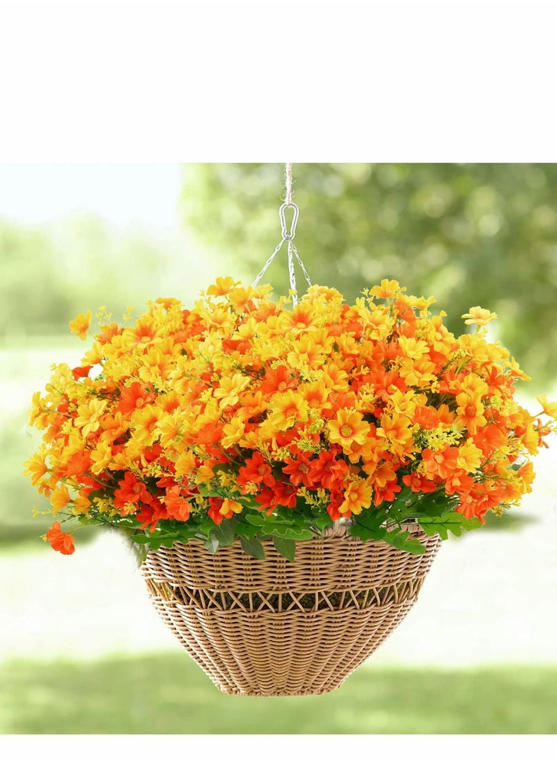 Artificial Fake Flowers, 6 Bundles Daisy Mums Flowers Outdoor UV Resistant Faux Shrubs Plants Indoor Outside Hanging Planter for Home Wedding Office DIY Garden Porch Décor (Orange Yellow)