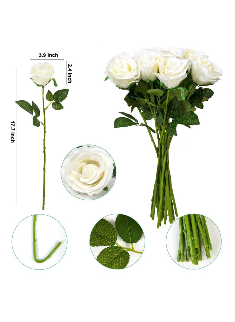 18 Pcs Fake Roses Artificial Flowers Long Stem Silk Bouquet for Valentines Day Decor Home DIY Wedding Bouquets White Bridal Shower Centerpieces Arrangements Party Tables Decorations