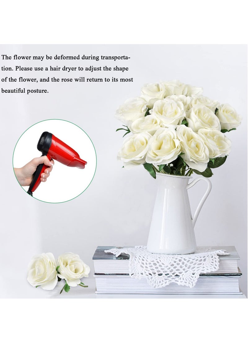 18 Pcs Fake Roses Artificial Flowers Long Stem Silk Bouquet for Valentines Day Decor Home DIY Wedding Bouquets White Bridal Shower Centerpieces Arrangements Party Tables Decorations