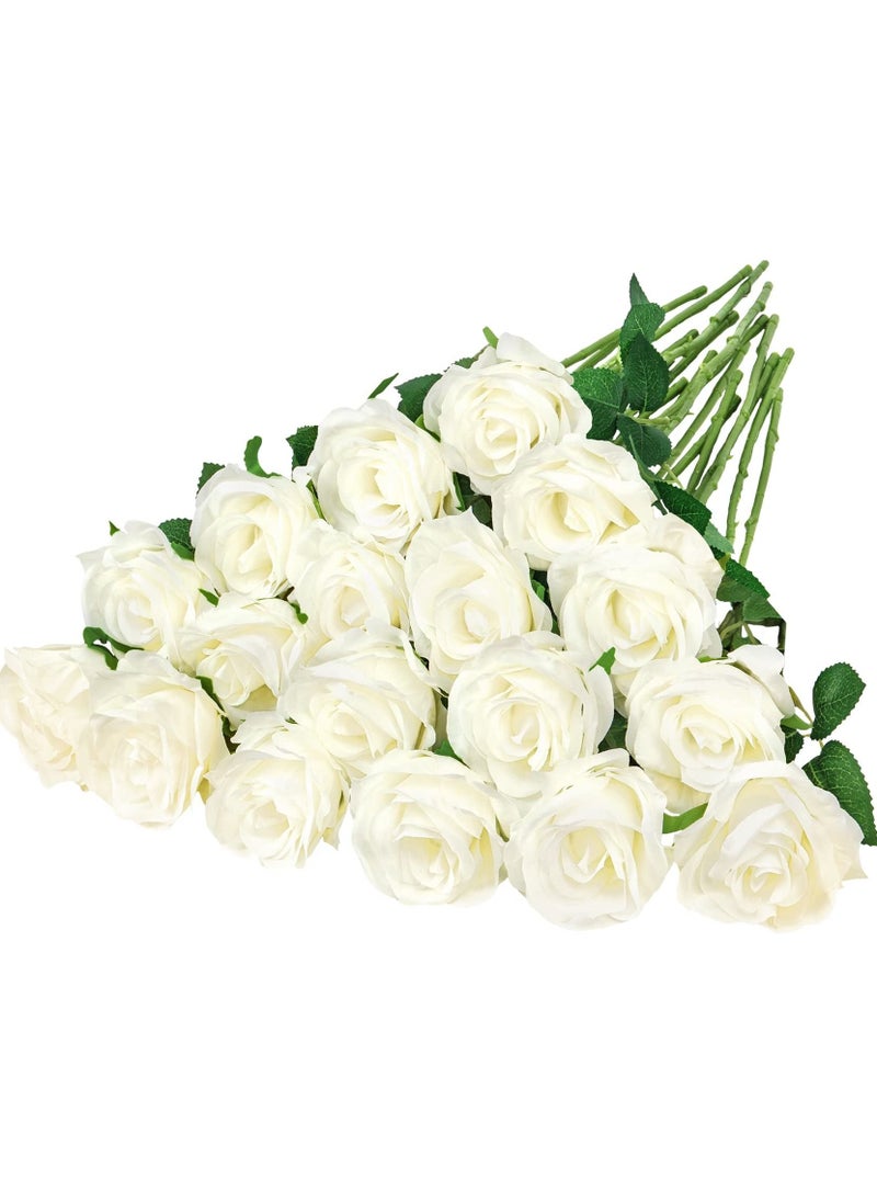 18 Pcs Fake Roses Artificial Flowers Long Stem Silk Bouquet for Valentines Day Decor Home DIY Wedding Bouquets White Bridal Shower Centerpieces Arrangements Party Tables Decorations