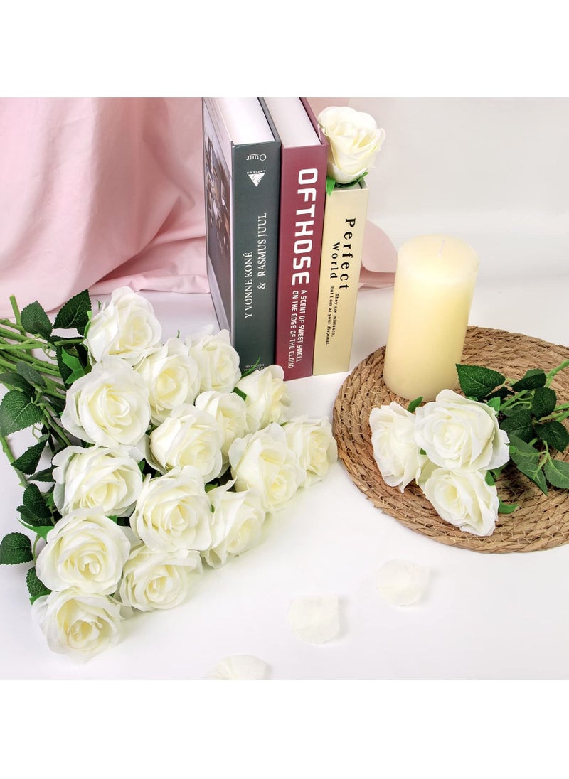 18 Pcs Fake Roses Artificial Flowers Long Stem Silk Bouquet for Valentines Day Decor Home DIY Wedding Bouquets White Bridal Shower Centerpieces Arrangements Party Tables Decorations