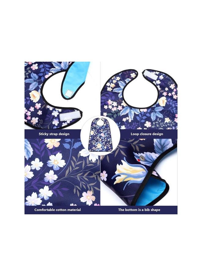 Adult Bib Waterproof Clothing Protector Dark Blue Flower Printed Eating Apron Bandana for Elderly Seniors Disabled Adults Eating Feeding Saliva