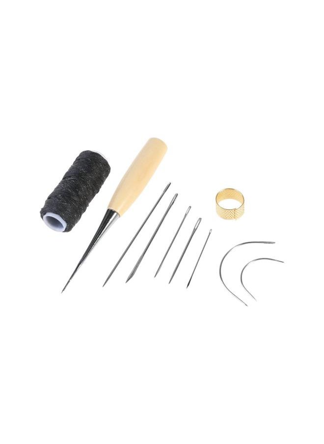 10pcs Curved Upholstery Hand Sewing Needles with Leather Waxed Thread Cord and Drilling awl and Thimble for Leather Repair