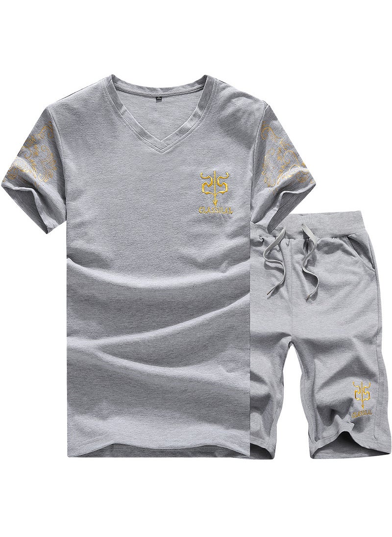 Summer mens simple bronzing printed V-neck versatile sports suit plus size mens short T-shirt Gray