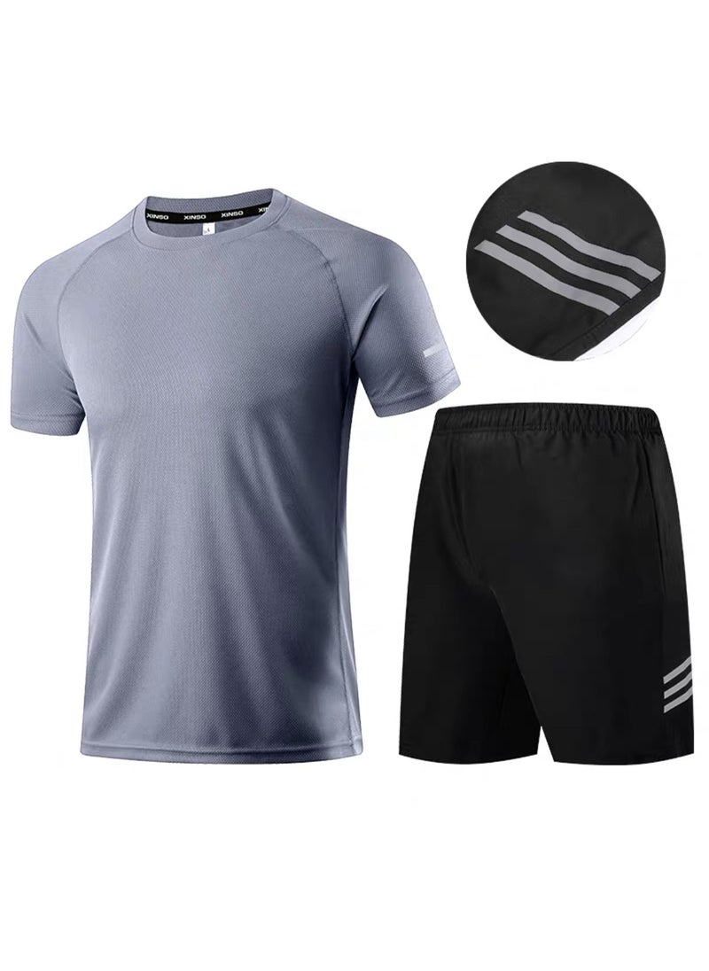 1 x 5 pcs Mens Quick-Dry Casual Sports Suit Mesh Grey Sports Top + Three Clause Pants