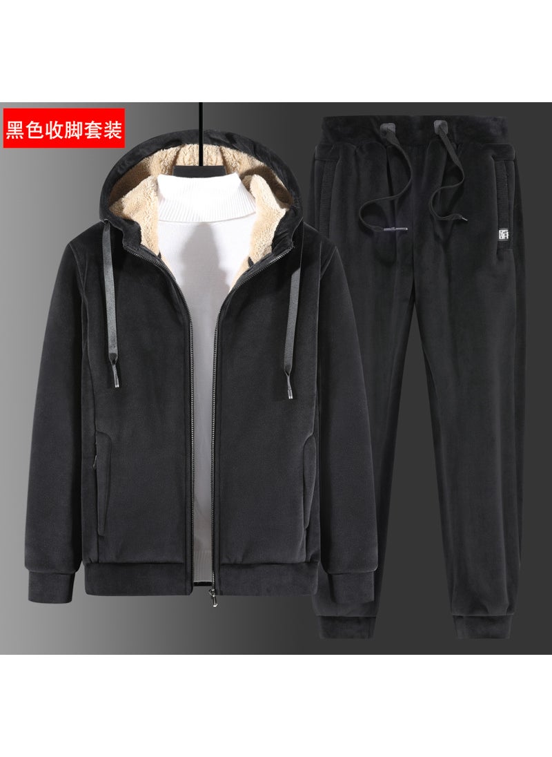 Mens Winter Velvet Tracksuit Warm Sherpa Jacket Set Dark black toe set