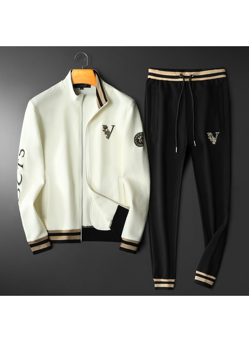 Mens Casual Sports Suit Embroidered Stand Collar Cotton Set White and black pants