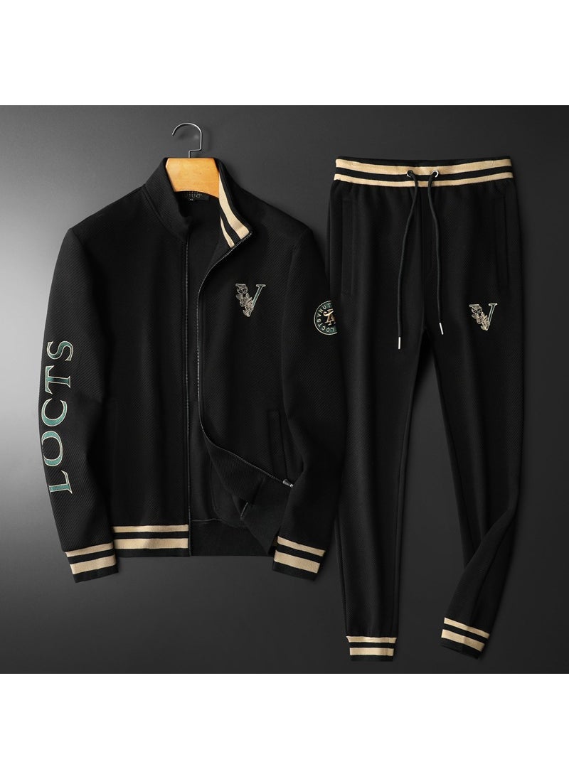 Mens Casual Sports Suit Embroidered Stand Collar Cotton Set Black