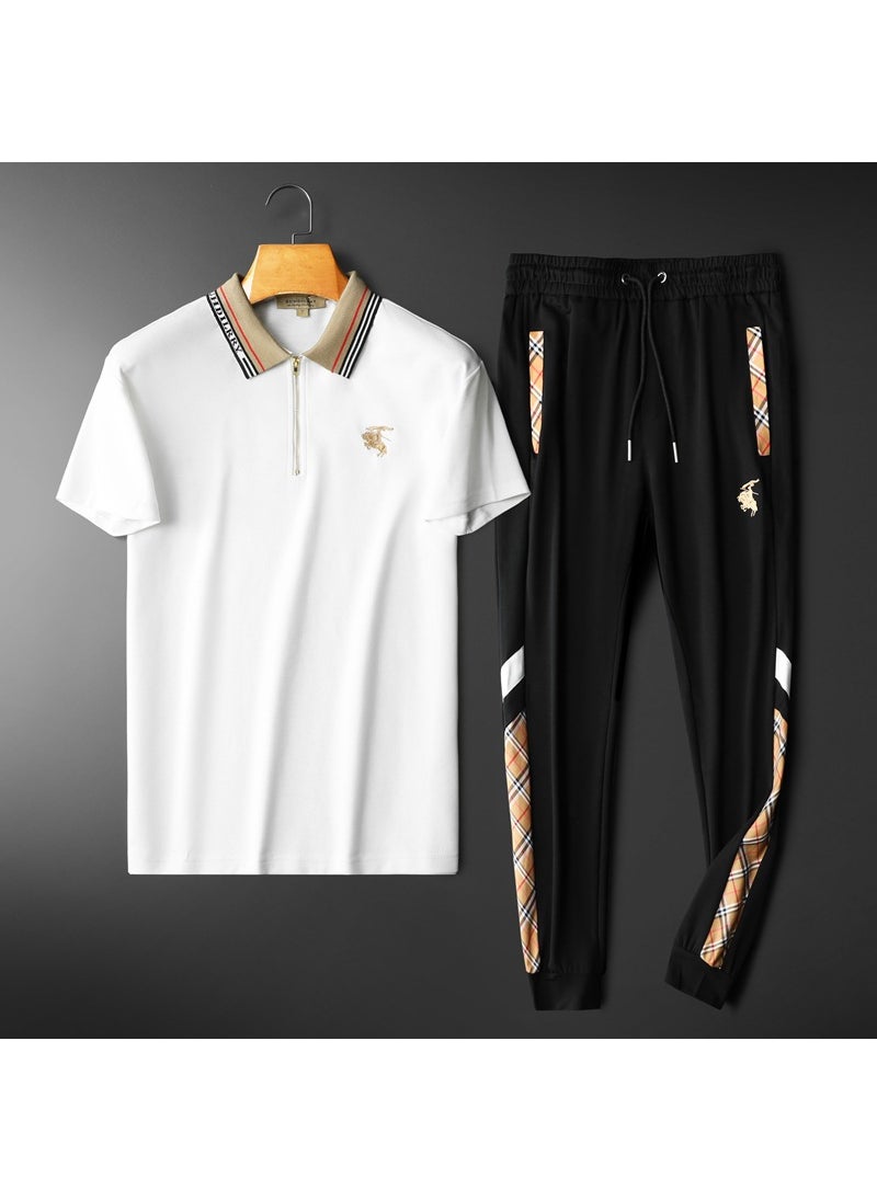 Cross-border leisure sports suit mens 2023 Summer new mercerized cotton embroidery trendy polo shirt trousers two-piece set White and black pants