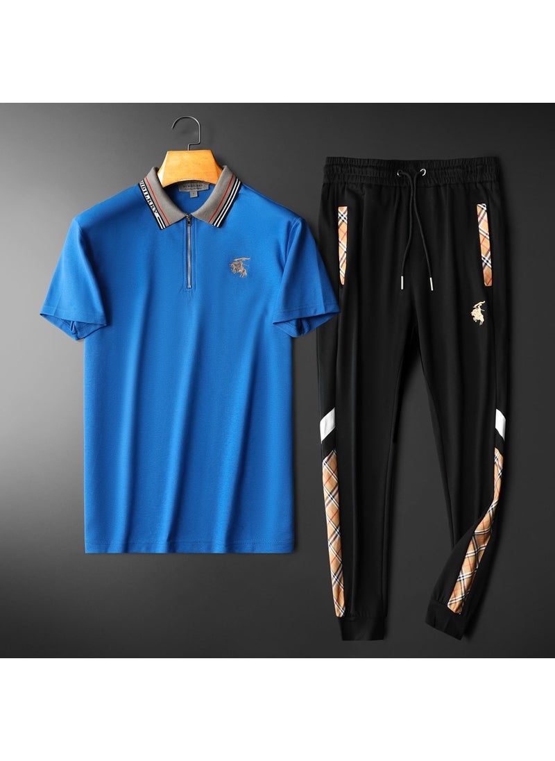 Cross-border leisure sports suit mens 2023 Summer new mercerized cotton embroidery trendy polo shirt trousers two-piece set Blue