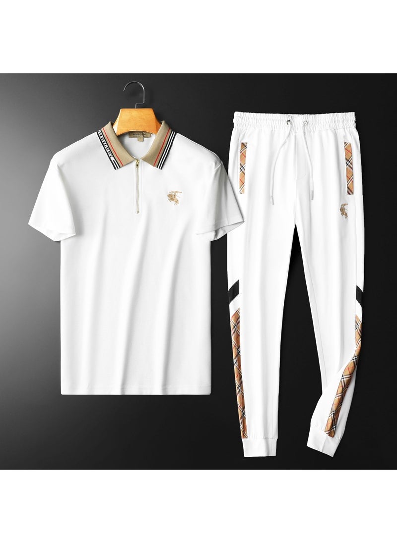 Cross-border leisure sports suit mens 2023 Summer new mercerized cotton embroidery trendy polo shirt trousers two-piece set White