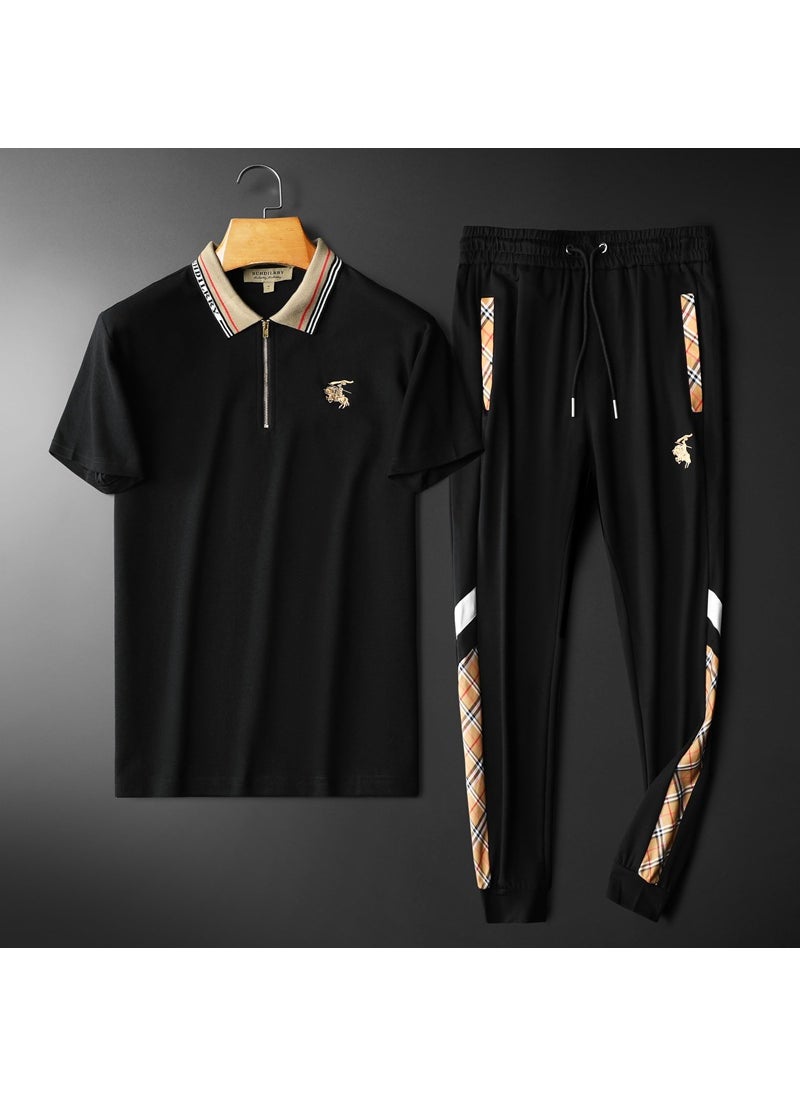 Cross-border leisure sports suit mens 2023 Summer new mercerized cotton embroidery trendy polo shirt trousers two-piece set Black