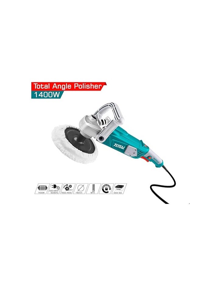 Total Angle Polisher 1400W (TP11418018) – Corded Electric Polisher for Car Detailing, Metal & Wood Polishing, Variable Speed Control, 180mm Polishing Pad, Includes D-Handle, Polishing Pad, Bonnet, Extra Carbon Brushes & Hex Key