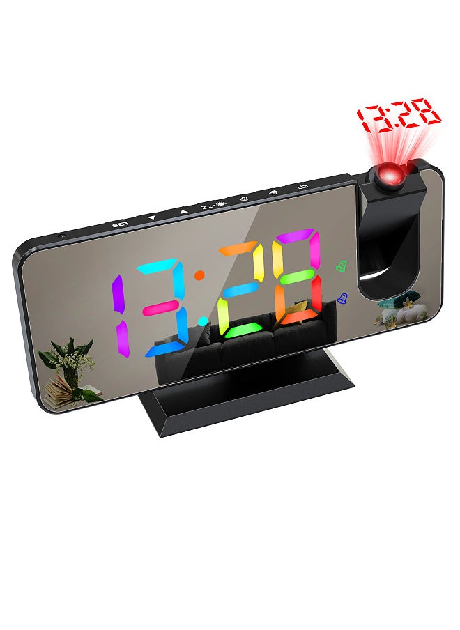 Digital 180°Projection Alarm Clock with Dynamic RGB Light Brightness Adjustable Snooze Dual Alarm Setting USB Charger Port Mirror Clock for Bedroom 12H/24H